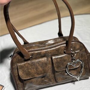 Elegant Brown Shoulder Bag with Heart Charm